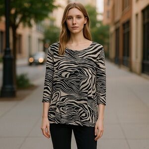 Chico's Travelers Top M Womens Black Slinky Zebra Animal Slinky Mobwife Sz 1